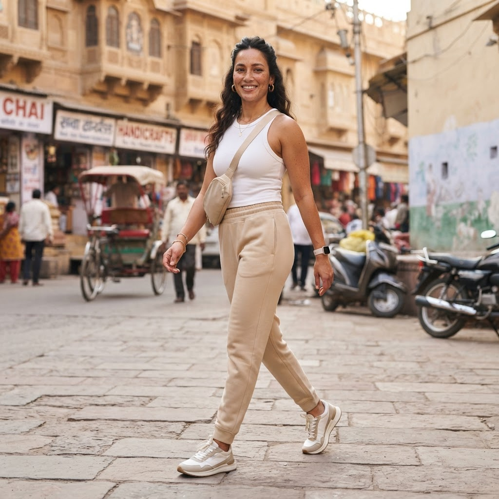 Indian woman wearing META NEST ACTIVEWEAR joggers outdoors