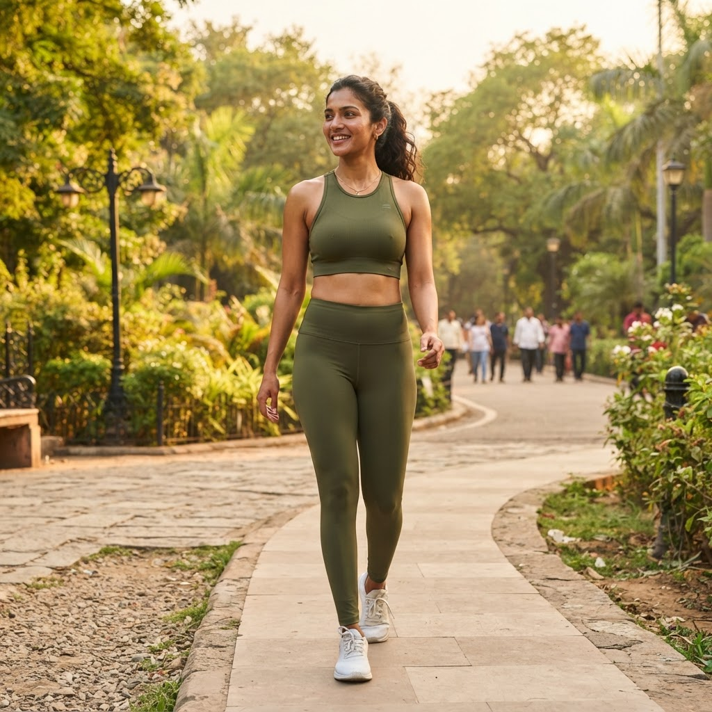 A woman wearing META NEST ACTIVEWEAR leggings and a jacket, moving confidently outdoors