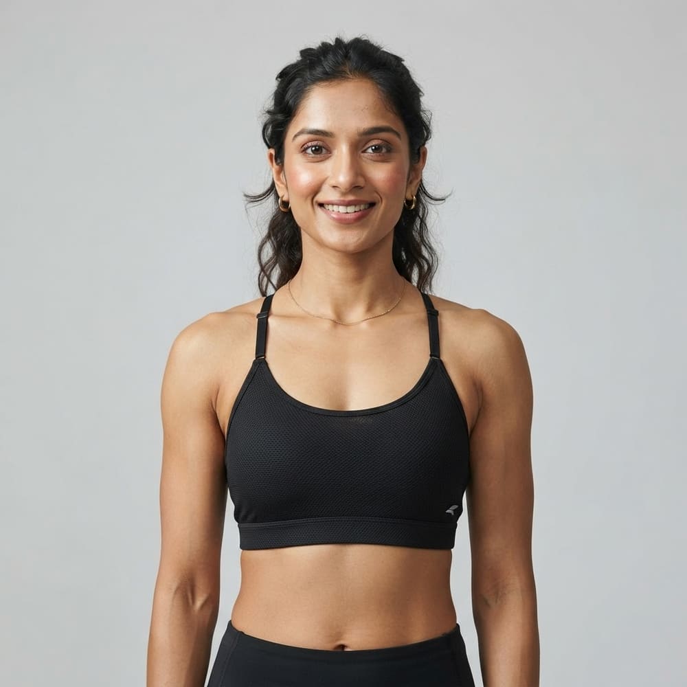 Indian woman wearing META NEST ACTIVEWEAR AirQueen Strappy Bra in Noir Black