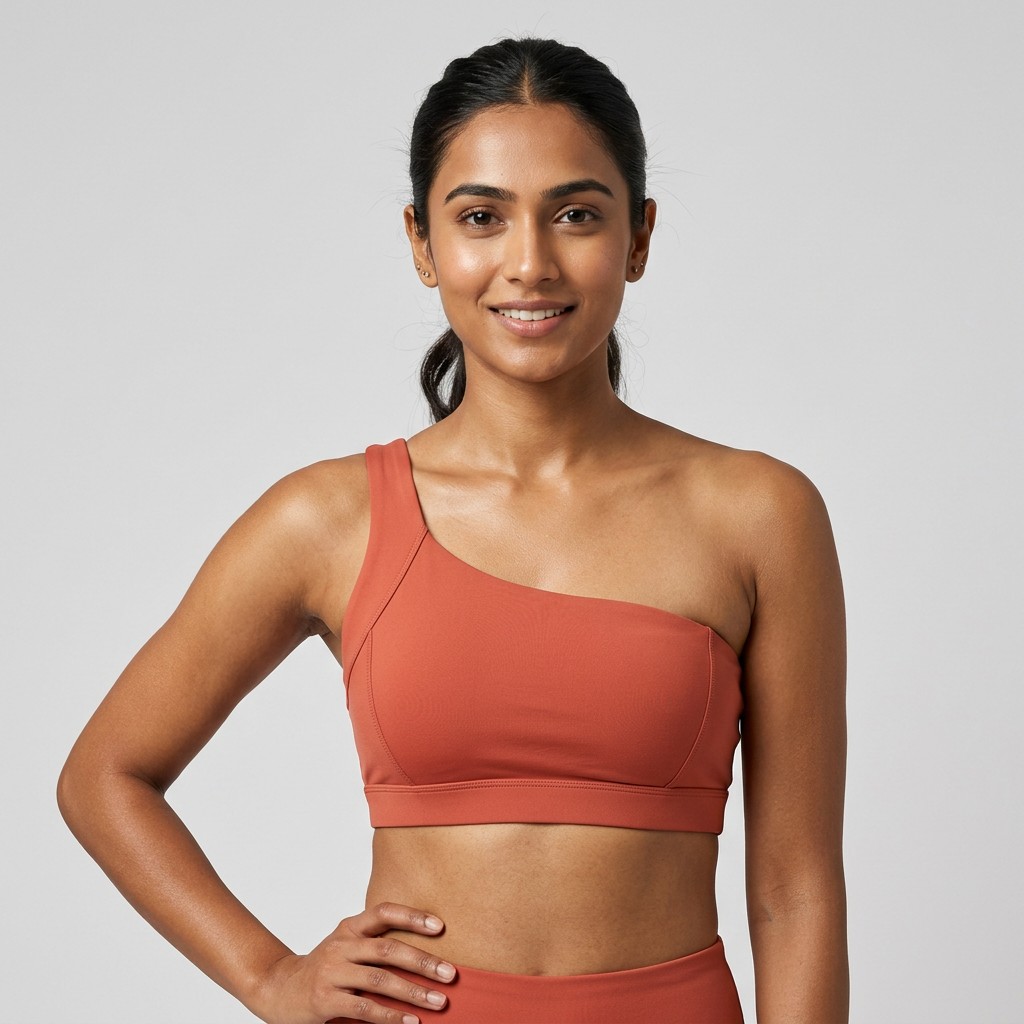 META NEST ACTIVEWEAR Asymmetric One-Shoulder Bra in Asymmetric Coral