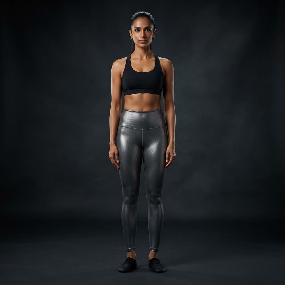Indian woman wearing META NEST ACTIVEWEAR Aurora Shine Leggings in Gunmetal Shine