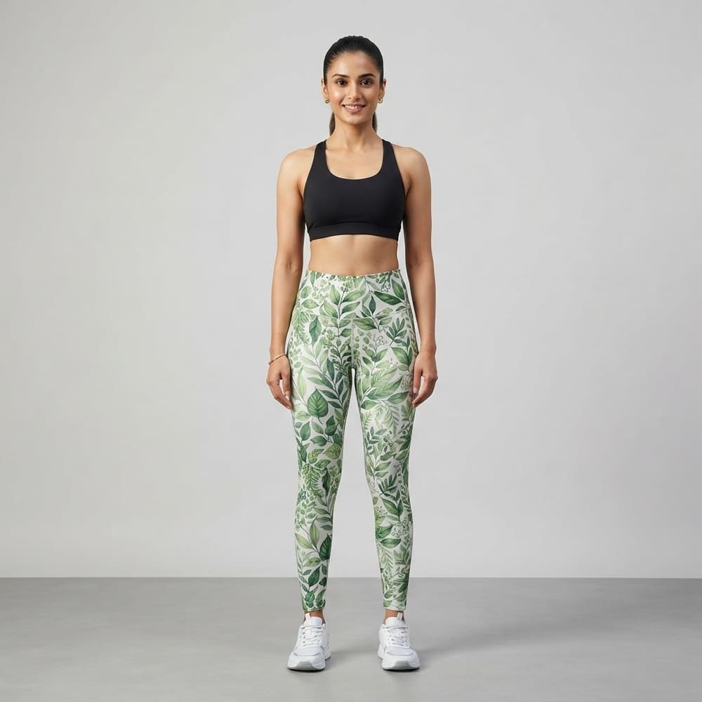 META NEST ACTIVEWEAR Botanical Leaf-Print Leggings in Botanical Green