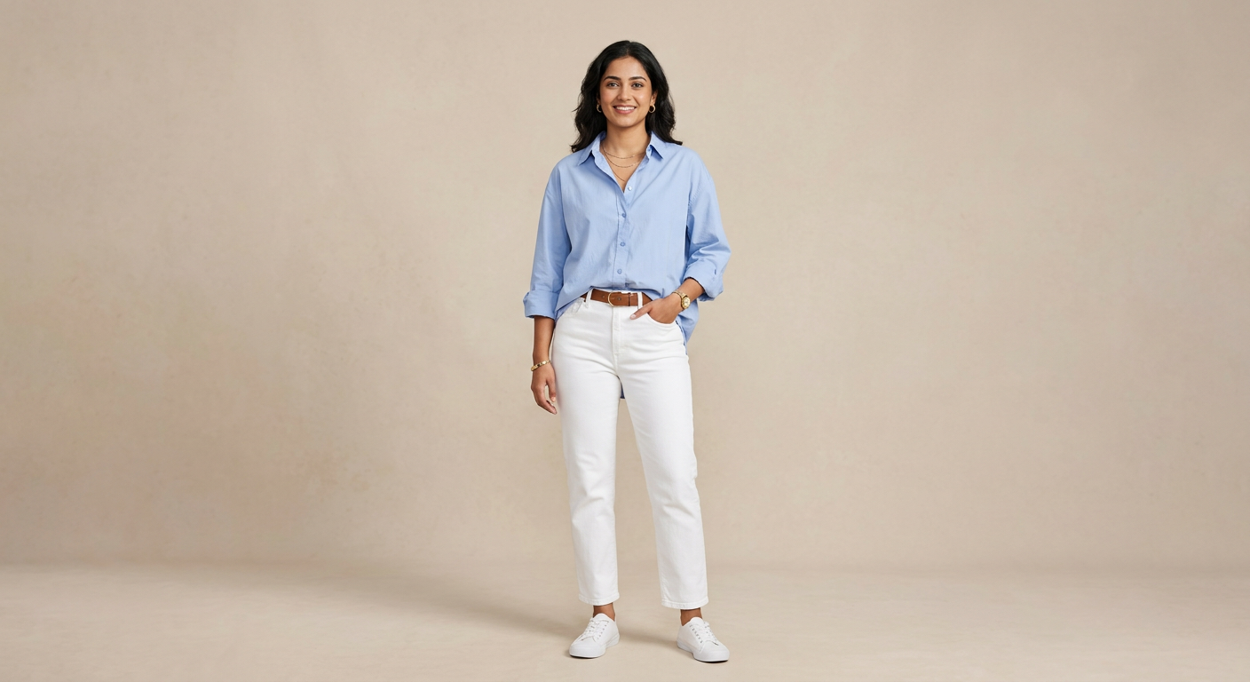 Indian woman wearing META NEST ACTIVEWEAR Button-Down Oversized Shirt in Powder Blue