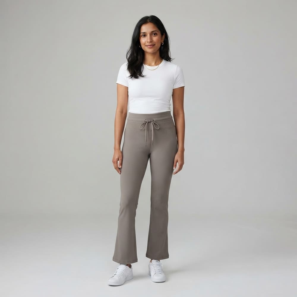 META NEST ACTIVEWEAR Cloudsoft Tummy-Control Flare Pants in Taupe Grey