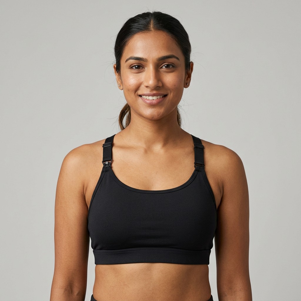 Indian woman wearing META NEST ACTIVEWEAR Convertible Multi-Strap Bra in Convertible Black