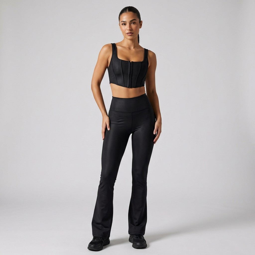 META NEST ACTIVEWEAR Corset Lace Flare Co-ord Set in Corset Black