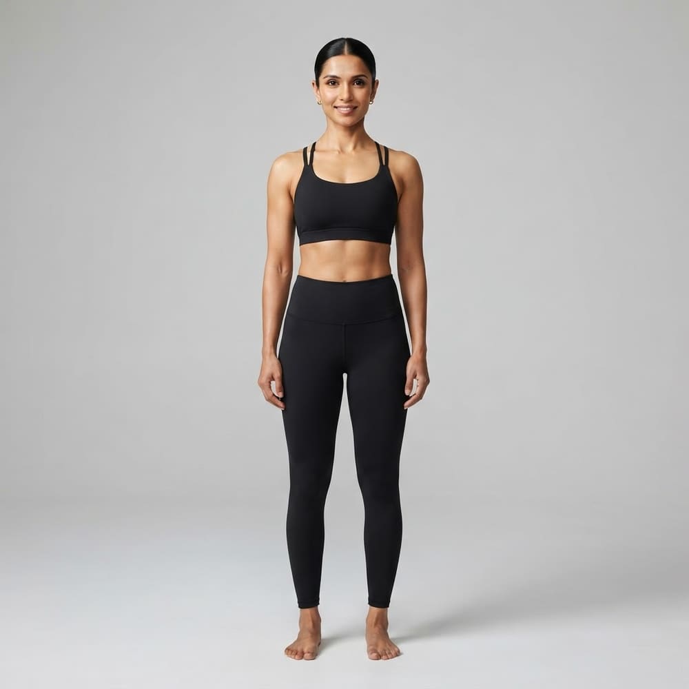 Indian woman wearing META NEST ACTIVEWEAR Cross-Back Cutout Bra in Cutout Black