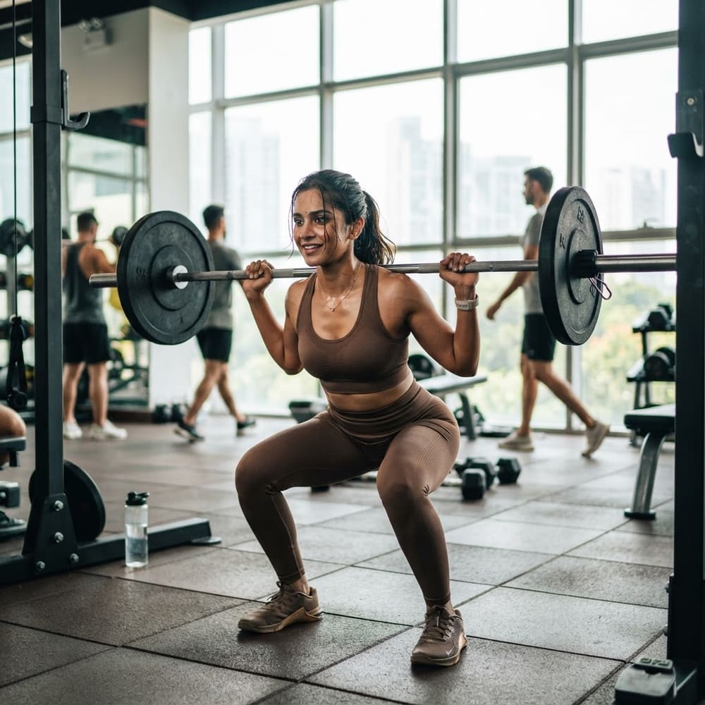 Indian woman wearing META NEST ACTIVEWEAR Crown High-Waist Sculpt Leggings in Warm Mocha