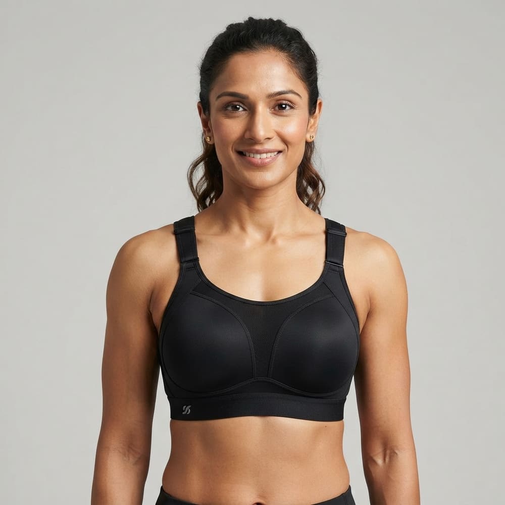 Indian woman wearing META NEST ACTIVEWEAR Crown Support High-Impact Bra in Noir Black
