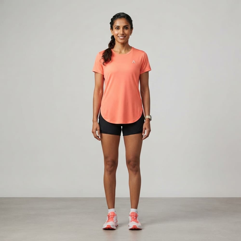 META NEST ACTIVEWEAR Curved-Hem Run Tee in Sunset Coral