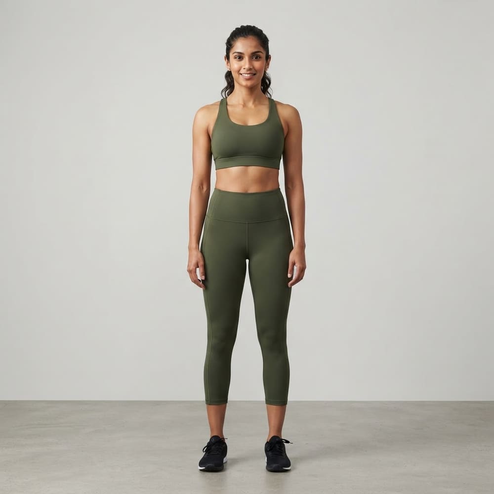 Indian woman wearing META NEST ACTIVEWEAR Double-Brushed Cropped Leggings in Forest Olive