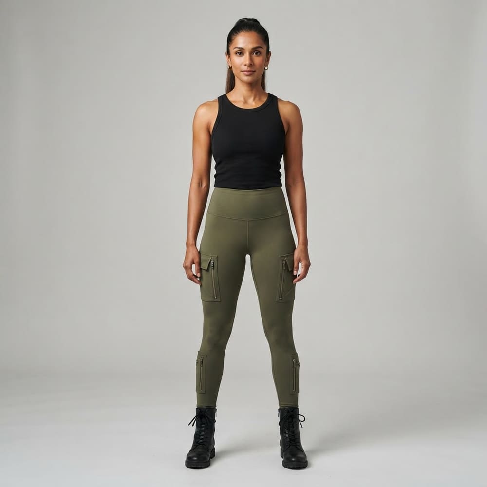 Indian woman wearing META NEST ACTIVEWEAR Expedition Cargo Leggings in Cargo Olive