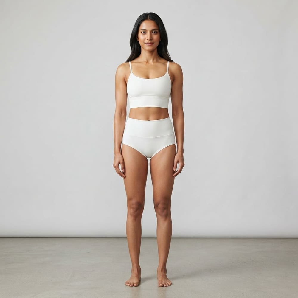 Indian woman wearing META NEST ACTIVEWEAR Featherlight Removable-Pad Bralette in Pearl White