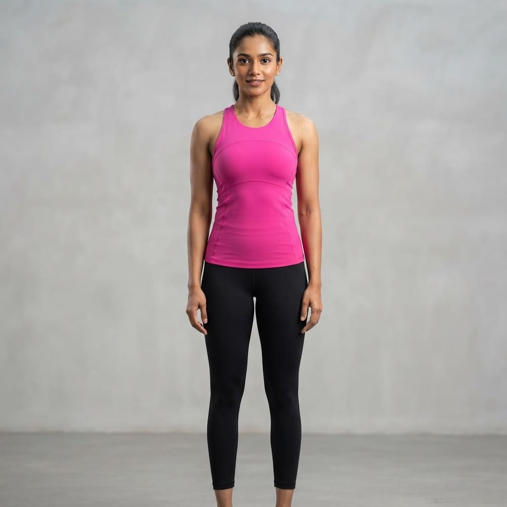 Indian woman wearing META NEST ACTIVEWEAR Fixed-Cup Racerback Tank in Magenta Pink