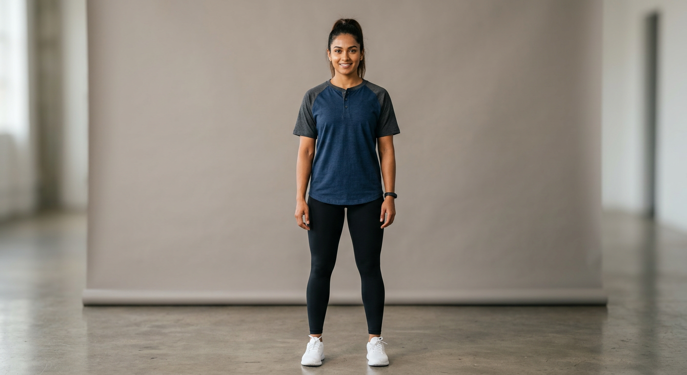 Indian woman wearing META NEST ACTIVEWEAR Henley Raglan Tee in Deep Navy