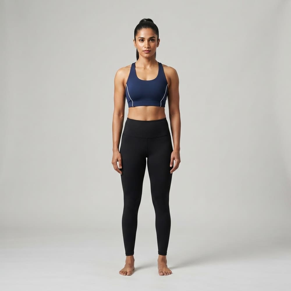 Indian woman wearing META NEST ACTIVEWEAR High-Wrap Racerback Sports Bra in Deep Navy