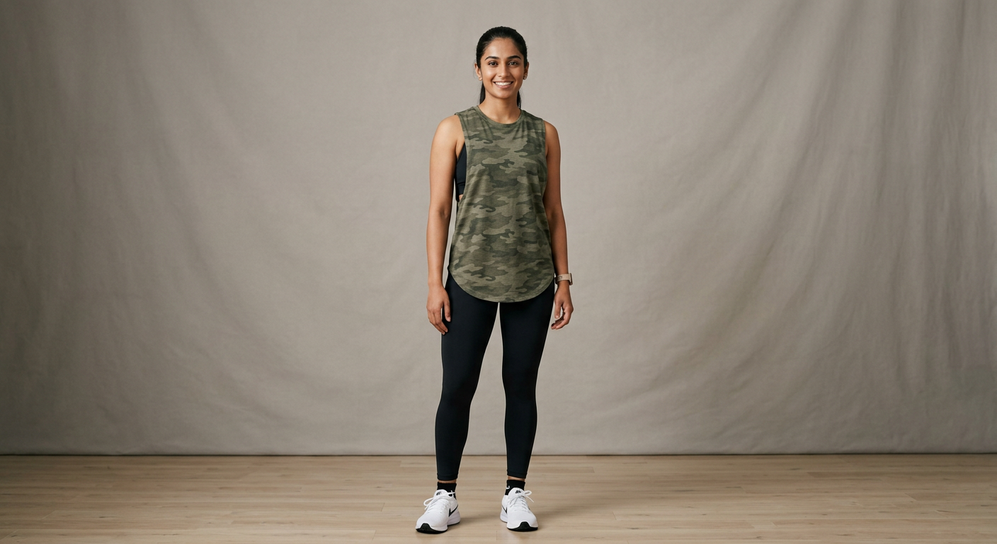 Indian woman wearing META NEST ACTIVEWEAR Longline Camo Muscle Tee in Army Camo
