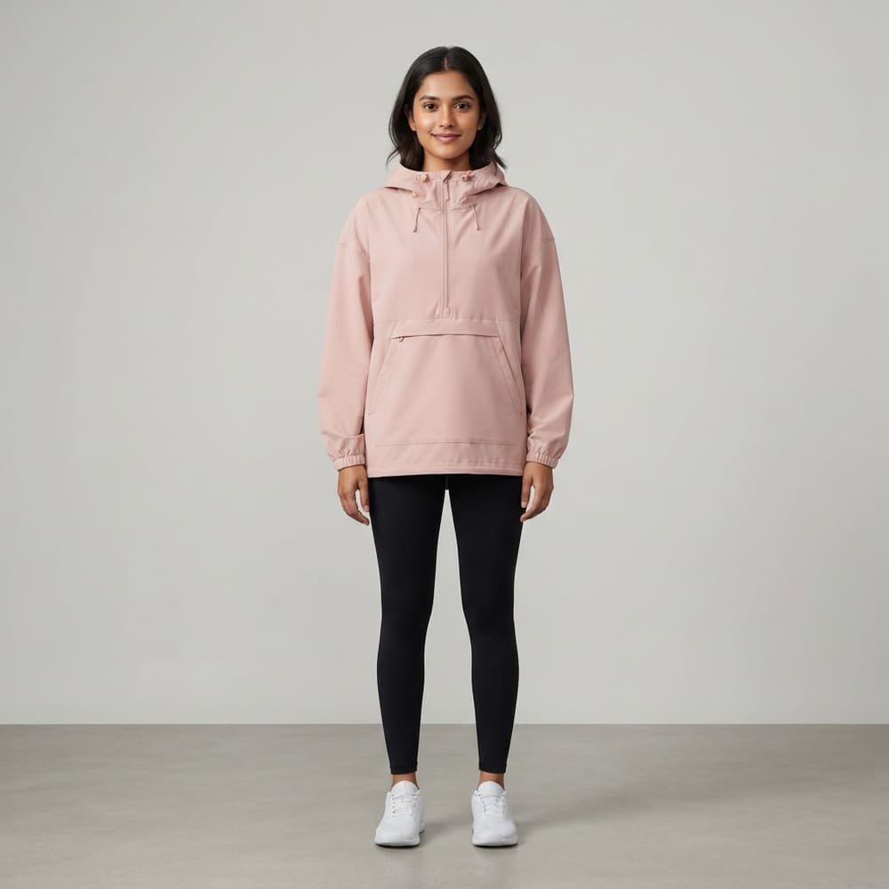 Indian woman wearing META NEST ACTIVEWEAR Mist-Guard Water-Repellent Anorak in Blush Rose