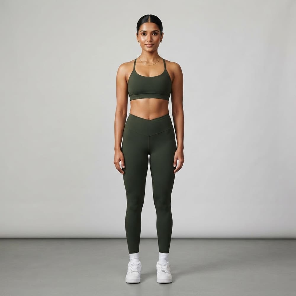 Indian woman wearing META NEST ACTIVEWEAR Odyssey Crossback Sports Bra in Forest Olive