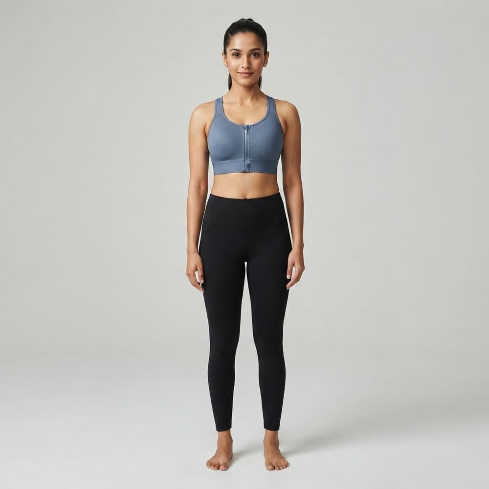 Indian woman wearing META NEST ACTIVEWEAR One-Piece Cup Front-Zip Bra in Slate Blue