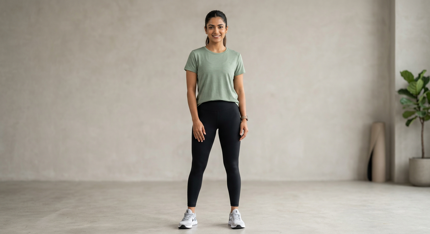 Indian woman wearing META NEST ACTIVEWEAR Open-Back Yoga Tee in Sage Leaf