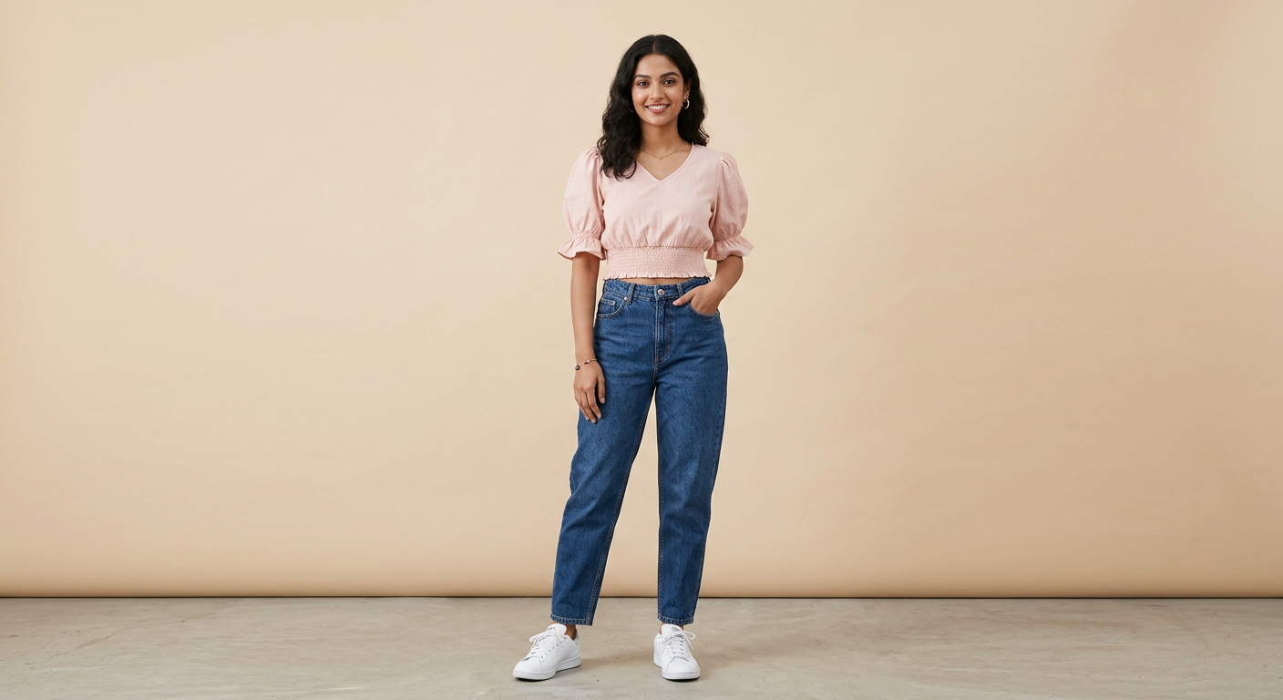 Indian woman wearing META NEST ACTIVEWEAR Puff-Sleeve Crop Blouse in Blush Pink