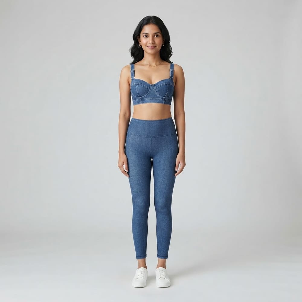 Indian woman wearing META NEST ACTIVEWEAR Retro Denim-Print Bralette in Denim Blue