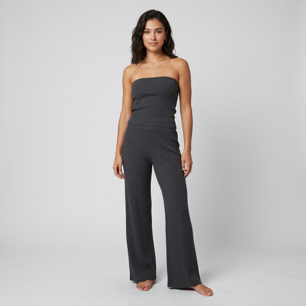 META NEST ACTIVEWEAR Ribbed Tube Wide-Leg Co-ord Set in Ribbed Charcoal