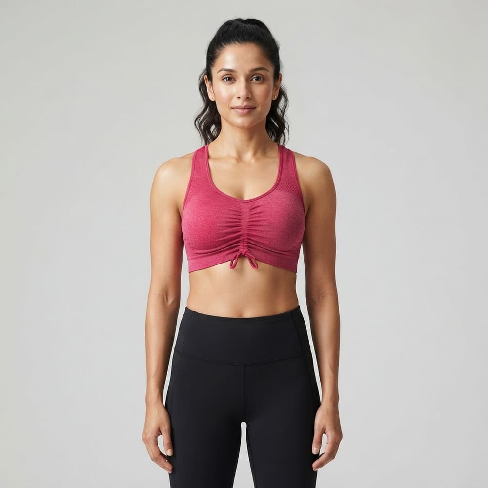 META NEST ACTIVEWEAR Ruched Front Scoop Bra in Ruched Berry