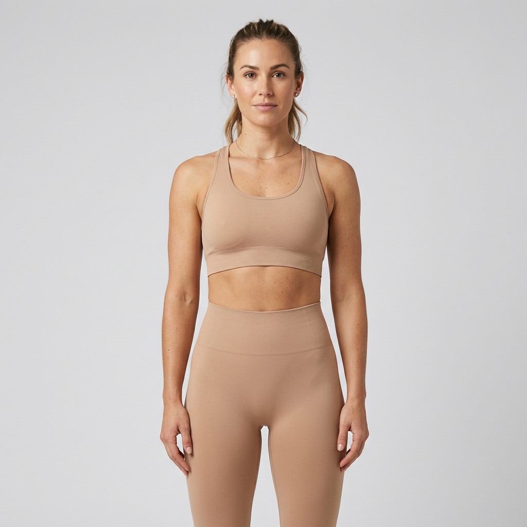 Indian woman wearing META NEST ACTIVEWEAR Seamless Second-Skin Co-ord Set in Keyhole Nude