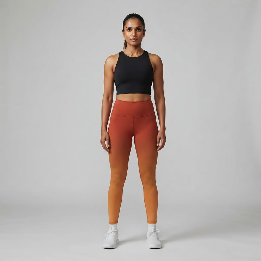 Indian woman wearing META NEST ACTIVEWEAR Solstice Ombre Leggings in Sunset Ombre