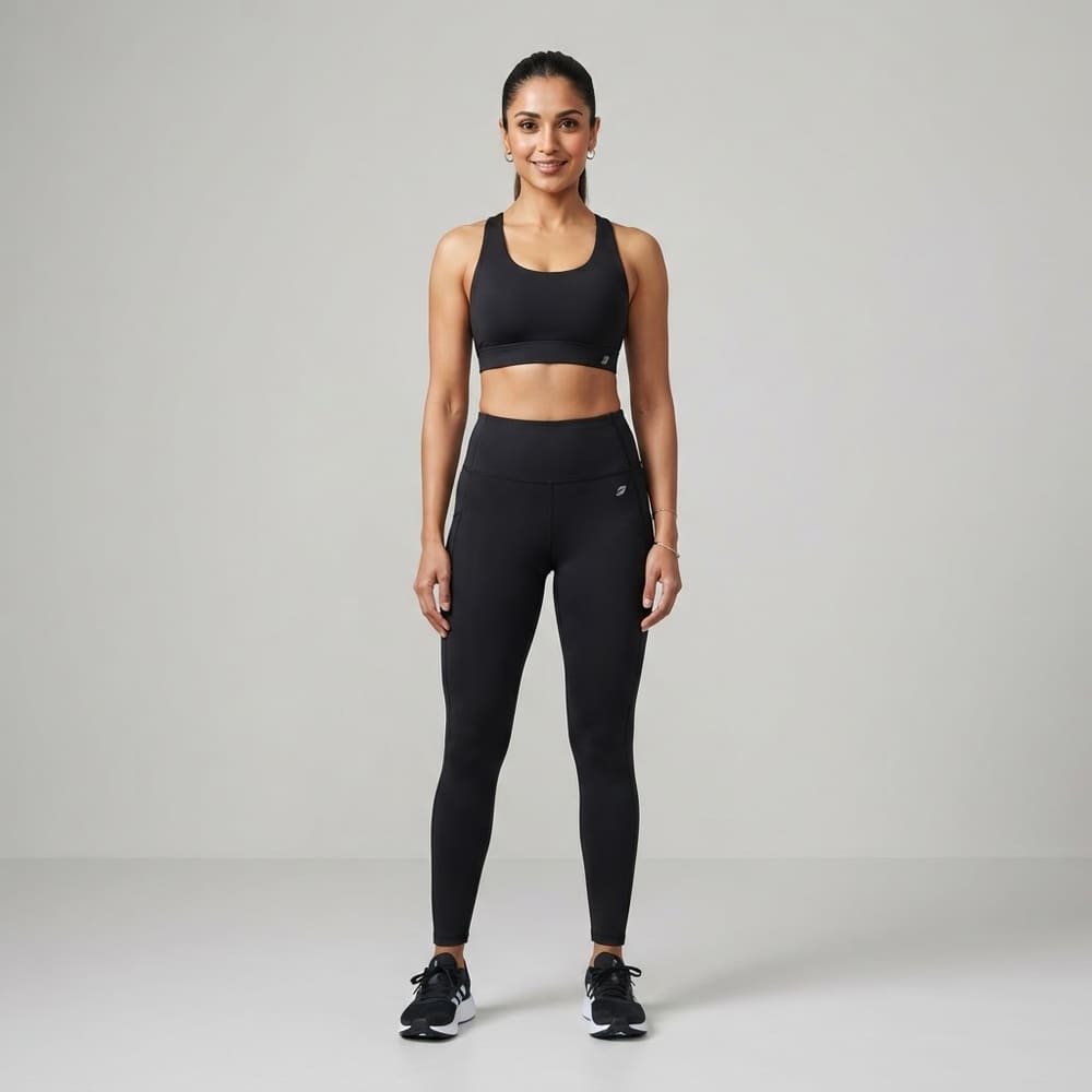 Indian woman wearing META NEST ACTIVEWEAR Studio Co-ord Set in Noir Black