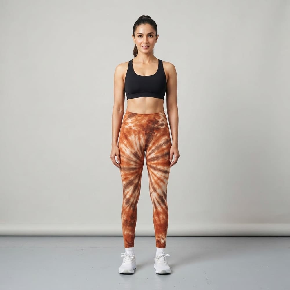 Indian woman wearing META NEST ACTIVEWEAR Tie-Dye Swirl Leggings in Tie-Dye Sunset