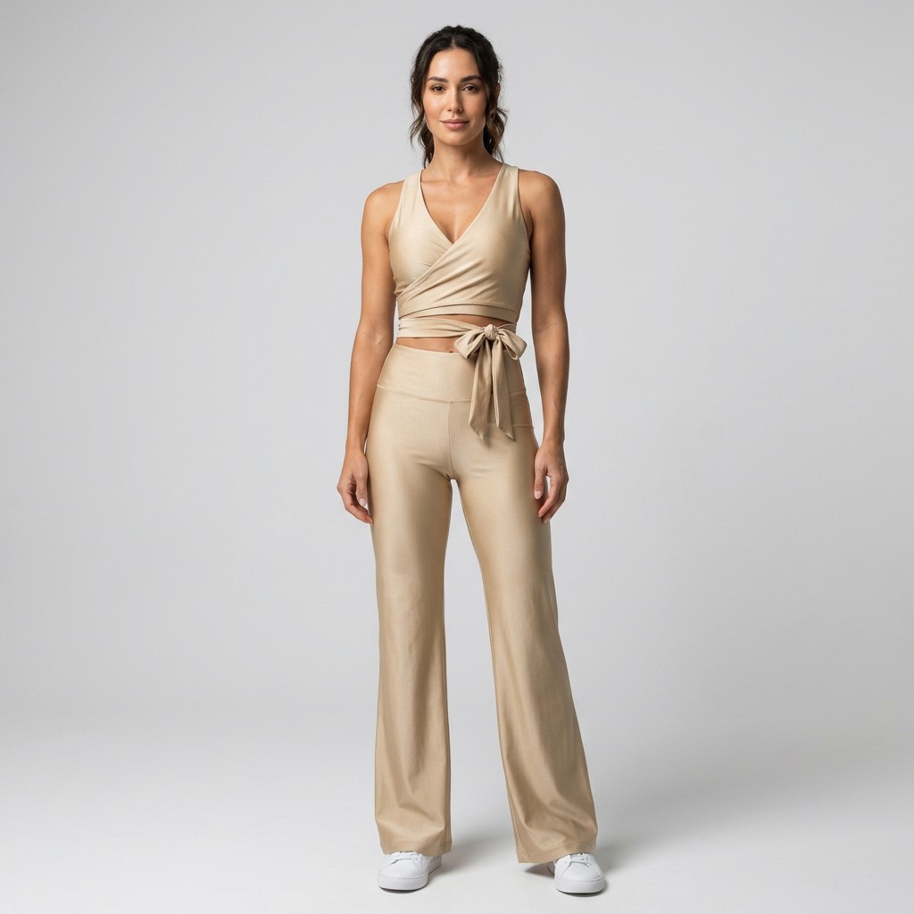 META NEST ACTIVEWEAR Wrap-Front Studio Co-ord Set in Champagne Gold