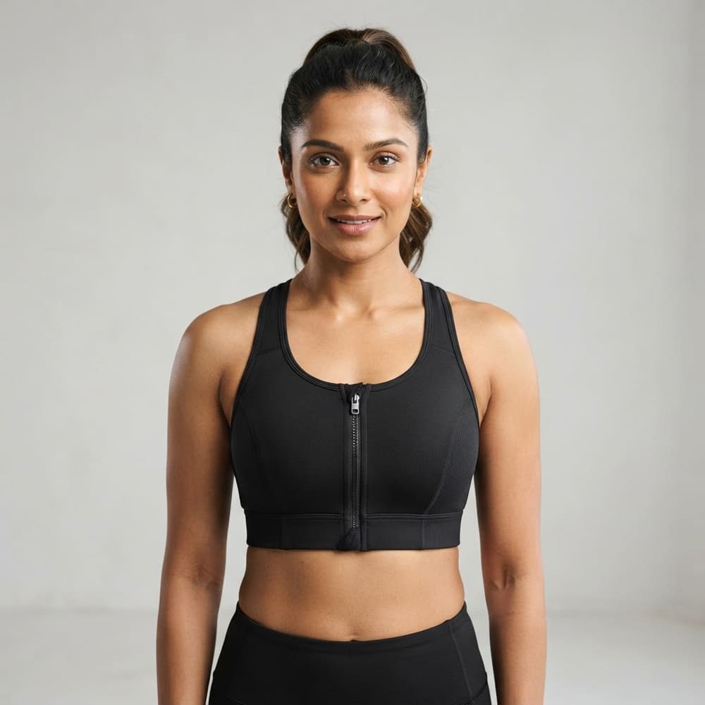 META NEST ACTIVEWEAR Zip-Front Studio Bra in Noir Black